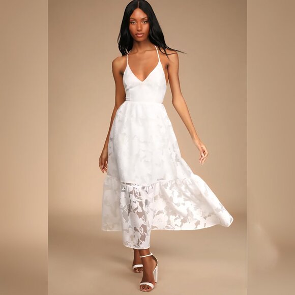 Lulus - S Feeling Like Forever White Jacquard Organza Lace-Up Midi Dress *Read* - Picture 1 of 8